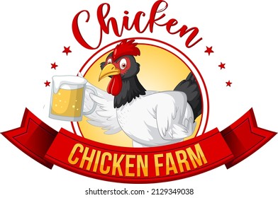 Chicken holding beer cartoon character with chicken farm banner illustration