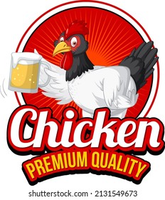 Chicken holding beer glass cartoon character logo illustration