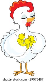 A chicken holds three of her chicks in her wings