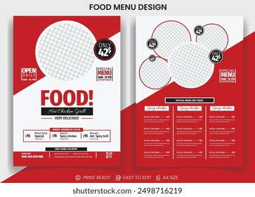 Chicken hot grill, pizza or spicy food, barbecue bbq party Fast Food Flyer Design or menu card Template, cafe and ordering, junk food. Pizza, Burger, french fries food menu vector files.