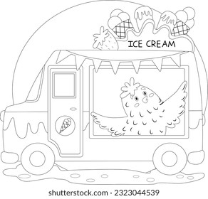 Chicken in an ice cream truck coloring page