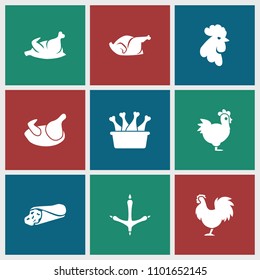 Chicken icon. collection of 9 chicken filled icons such as rooster, wrap sandwich. editable chicken icons for web and mobile.