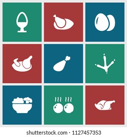 Chicken icon. collection of 9 chicken filled icons such as egg, footprint of  icobird, meat leg, food. editable chicken icons for web and mobile.