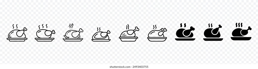 Chicken icon. Chicken dish icon vector. Chicken on plate icon, A roasted chickens turkey icon in line style, Chicken roast line icons isolated on white background