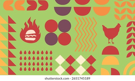 Icono de pollo, hamburguesa de llama, azulejos de damas y coberturas frescas en superficie verde claro, adecuado para imágenes de hamburguesas de aves de corral o a la parrilla.