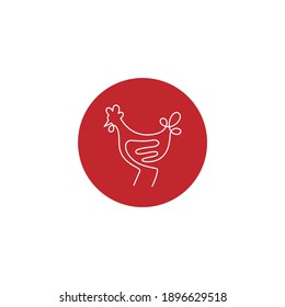 Chicken icon logo with monoline style design. One line continuous chicken on red circle background.
