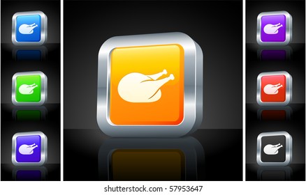 Chicken Icon on 3D Button with Metallic Rim Original Illustration