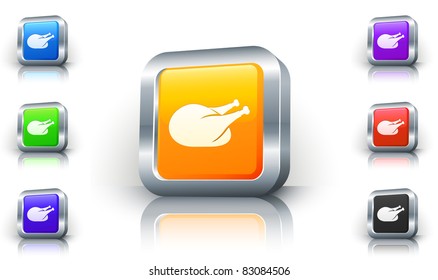 Chicken Icon on 3D Button with Metallic Rim Original Illustration