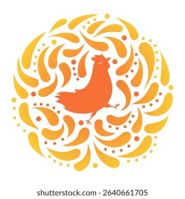 Chicken icon in a round frame with dynamic drops. Isolated on white background. Vector illustration.
