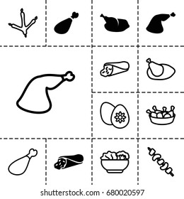 Chicken icon. set of 13 filled and outline chicken icons such as wrap sandwich, meat leg, footprint of  icobird, kebab, easter egg