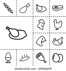 Chicken icon. set of 13 outline chicken icons such as rooster, chicken, egg, kebab, meat leg