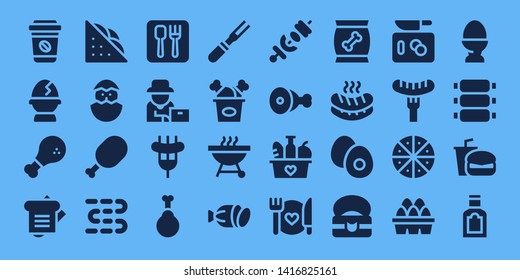 chicken icon set. 32 filled chicken icons. on blue background style Simple modern icons about  - Take away, Egg, Chicken, Sandwich, Chick, Meat, Sausages, Restaurant, Farmer, Sausage