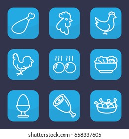 Chicken icon. set of 9 outline chicken icons such as rooster, meat leg, food, egg