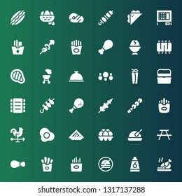 chicken icon set. Collection of 36 filled chicken icons included Roast chicken, Food, No fast food, Fries, leg, Picnic, Egg, Sandwich, Rooster, Skewer, Brochette