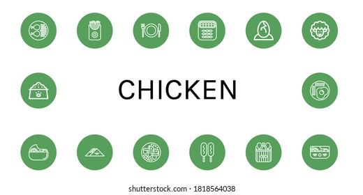 chicken icon set. Collection of Chicken leg, French fries, Restaurant, Shish kebab, Eggs, Lamb, Salad, Sandwich, Chicken wings, Corn dog, Dog food, Fried eggs icons