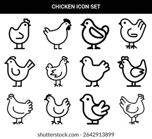 Ícone de frango conjunto ilustrando diferentes desenhos de aves de capoeira em estilo de arte de linha simples. Coleção de frangos, galinhas e pintos para projetos criativos e de design.