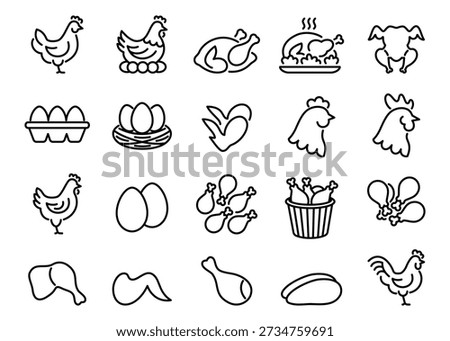 Chicken icon set in outline style. Vector collection symbols and logos chicken, rooster, including whole chickens, eggs, drumsticks, legs, breast fillets, wings and more.