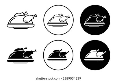 Juego de iconos de pollo. símbolo vector de alimento de pavo asado. ícono de carne de pollo entera cocinado con un estilo de relleno negro y delineado.