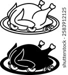 Chicken Icons. Black and White Vector Drawings. Fried Chicken with Apples on Plate. Food, Ready Dish. Meal Concept