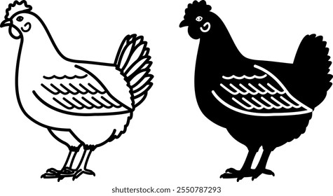 Iconos de pollo. Ilustraciones vectoriales blancas y negras. Pájaro, gallina ponedora. Agricultura, agricultura. Para el diseño de libros para colorear. Concepto de animales domésticos