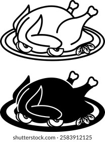 Chicken Icons. Black and White Vector Drawings. Fried Chicken with Apples on Plate. Food, Ready Dish. Meal Concept