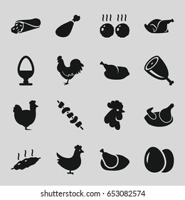 Chicken icons set. set of 16 chicken filled icons such as chicken, egg, rooster, wrap sandwich, kebab, meat leg