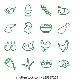 Chicken icons set. set of 16 chicken outline icons such as footprint of  icobird, rooster, meat leg, kebab, food, egg