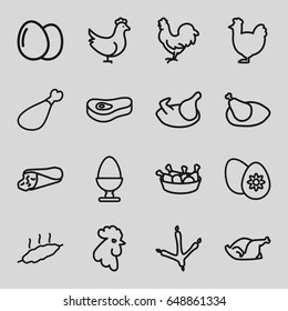 Chicken icons set. set of 16 chicken outline icons such as footprint of  icobird, rooster, egg, wrap sandwich, meat leg, easter egg