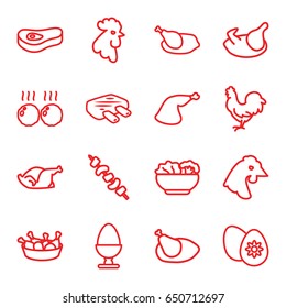 Chicken icons set. set of 16 chicken outline icons such as rooster, meat leg, kebab, easter egg, food, egg