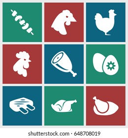 Chicken icons set. set of 9 chicken filled icons such as rooster, chicken, kebab, easter egg