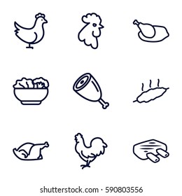 chicken icons set. Set of 9 chicken outline icons such as rooster, chicken, food