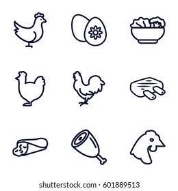 chicken icons set. Set of 9 chicken outline icons such as chicken, wrap sandwich, easter egg, food