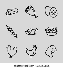 Chicken icons set. set of 9 chicken outline icons such as wrap sandwich, kebab, easter egg