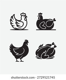Chicken icons set in vector style isolated on white background, farm poultry symbols for food, restaurant, butcher shop, agriculture, and packaging design