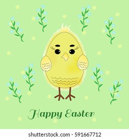 The chicken image in the form of eggs for the holiday "Easter" on a colored background with flowers. Vector illustration.