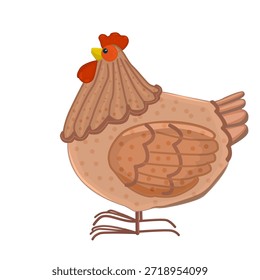 Pollo aislado sobre fondo blanco. Pájaro pardo. Dibujos animados. Divertido pájaro doméstico. Сute animal de granja. Pollo de perfil, con peine rojo brillante y pico amarillo. Para libros infantiles, materiales educativos, proyectos de temática agrícola, pegatinas o diseño de empaques. Ilustración vectorial de stock