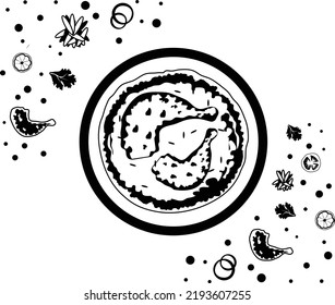 Chicken Jute Leave Stew Vector Icon, National Dish of Kenya Sign,Traditional cuisine Symbol, Gourmet food cooking with ingredients, Braised Mulukhiyah Greens With Crispy Chicken on Platter Concept