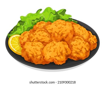 Chicken karaage (Japanese fried chicken) with salad vegetable lemon recipe illustration vector. 