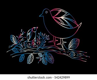  Chicken and kid on tree.Hand drawing illustration.