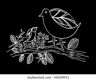  Chicken and kid on tree.Hand drawing illustration.