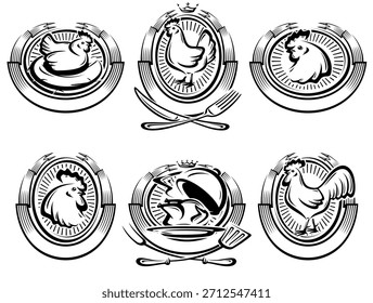 Etiquetas de pollo y conjunto de iconos. Iconos de colección pollo. Vector