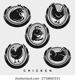 Hühnerbeschriftungen und Symbolsatz. Kollektionssymbole Huhn. Vektorgrafik 