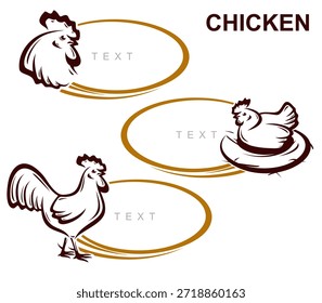 Hühnerbeschriftungen und Symbolsatz. Kollektionssymbole Huhn. Vektorgrafik 
