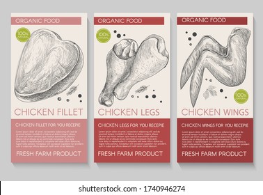Chicken labels set with hand drawn illustration. Vector packaging design. 