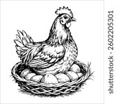 A chicken is laying eggs in a basket