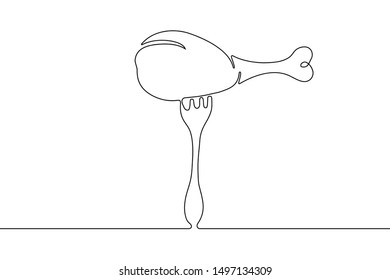 Chicken Leg With Bone On Fork Drawing In Style Of One Continuous Line Black Color. Self Drawing