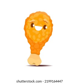 Chicken Leg Cartoon Fast Food Character. Isolated Vector Kawaii Fried Drumstick With Cute Smiling Face. Chick, Hen Or Turkey Meat With Grilled Brown Skin And Bone. Roasted Cooked Fastfood Character