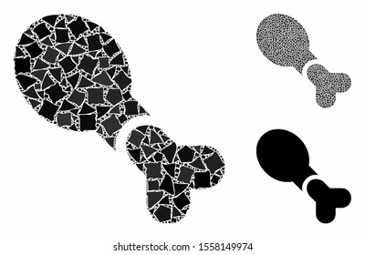 Chicken leg composition of unequal items in various sizes and color tinges, based on chicken leg icon. Vector raggy pieces are grouped into composition. Chicken leg icons collage with dotted pattern.
