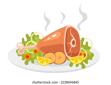Chicken leg dish food with vegetables on plate concept. Vector graphic design illustration element
