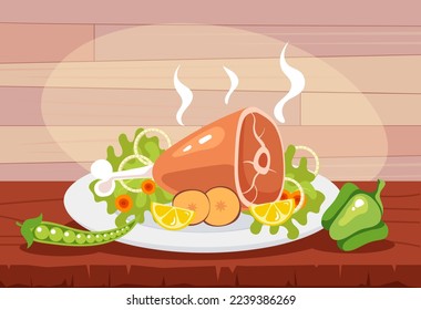 Chicken leg dish food with vegetables on plate concept. Vector graphic design illustration element